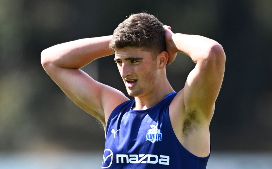 Harry Sheezel catches his breath during North Melbourne's training session at Arden Street Ground on November 17, 2023. Picture: Getty Images